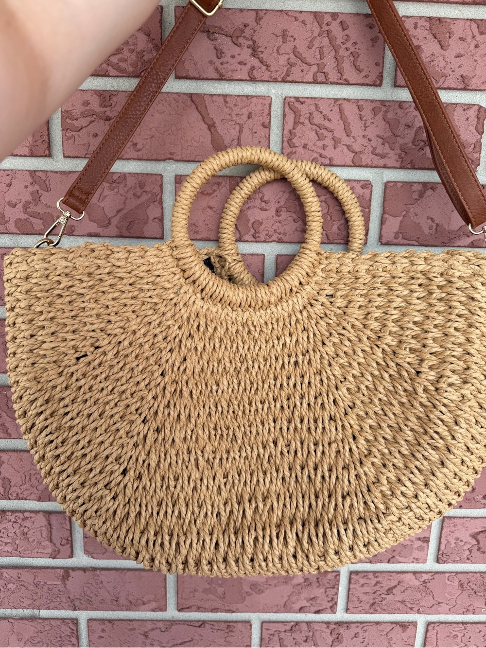 Round-Handle Woven Straw Tote Bag in Natural Tan